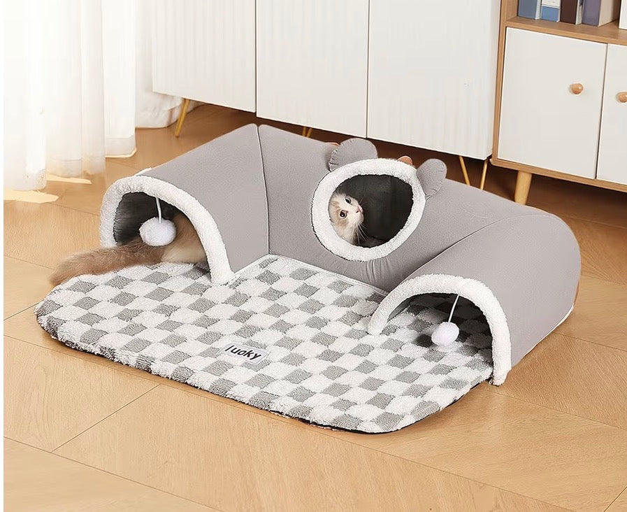 Tapis & Nid Tunnel Cache-Cache pour Chat – Aire de Jeu & de Repos